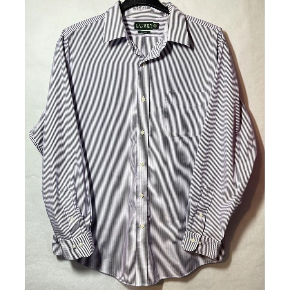 Lauren Ralph Mens Dress Shirt 17 34/35 Purple Stripe Non Iron Long Sleeve